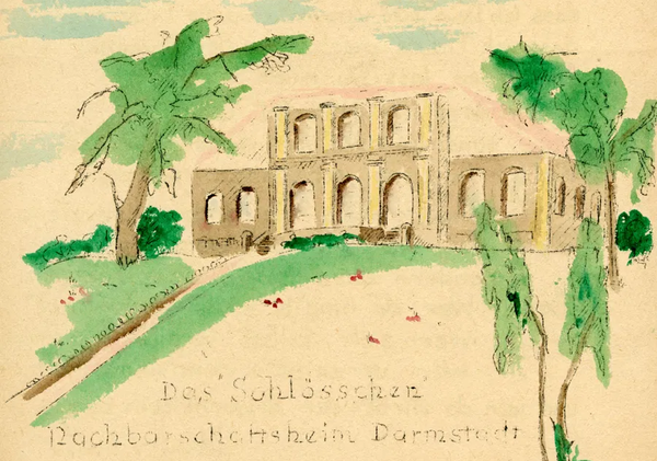 Eine kolorierte Zeichnung in Grün und Braun: Ein altes großzügiges Haus im Grünen.