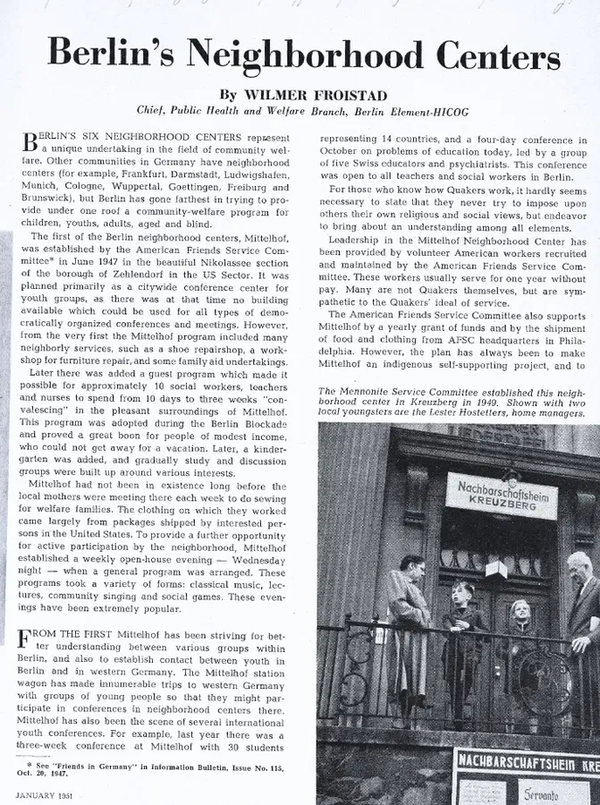 Ein Scan eine historischen Zeitungsartikels mit einem schwarzweiß Fotos eines Nachbarschaftsheim in der rechten Ecke.