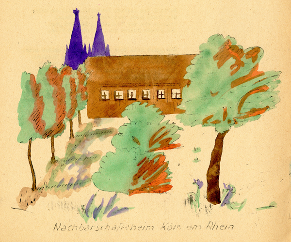 Eine kolorierte Zeichnung in Grün und Braun: Ein altes großzügiges Haus im Grünen. Der Kölner Dom in Blau im Hintergund.